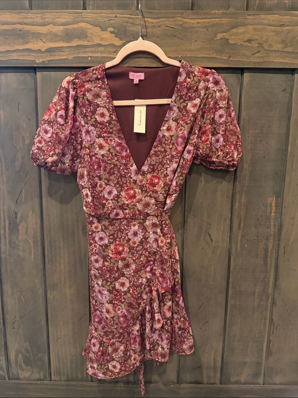miami for Francesca’s Mauve Pink Floral Wrap Mini Dress